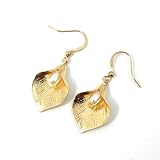 Unique Flower Dangle Earrings with Pearl, Yoirgan Gold Plated Brass Hoop Earrings, Dangle Hook Eardr