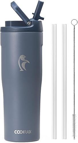 Coolflask Botella de agua de 32 onzas para portavasos de automóvil, vaso delgado de acero inoxidable con popote y asa, botella de vacío a prueba de disponible en Yaxa Colombia