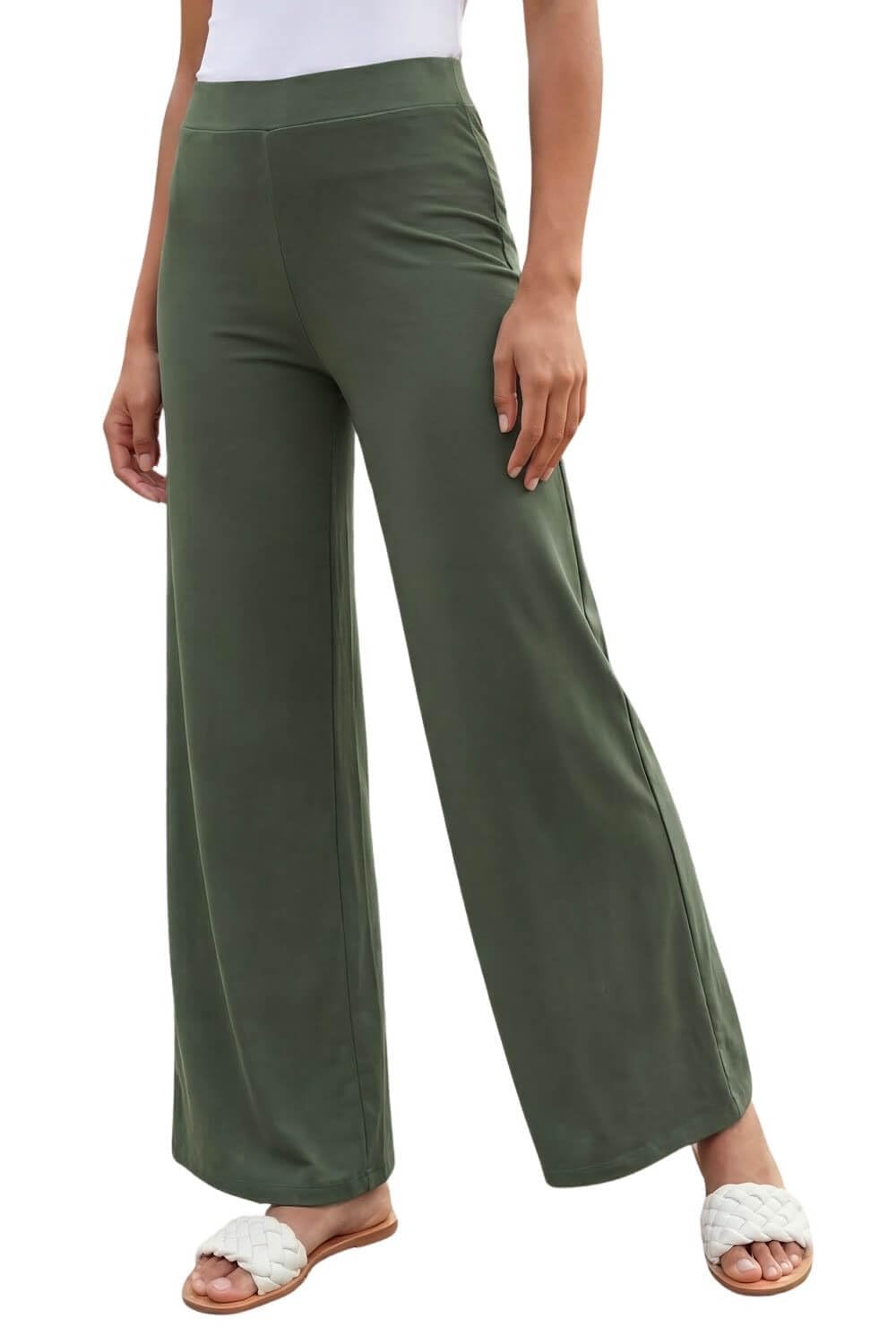 Roman Originals Women's Khaki Roman Wide Leg Trousers For Uk Palazzo Pants Evening Jersey Elasticated High Waist Smart Flared Culotte Office Work Going Out Loose Crepe Bottoms - Size 14