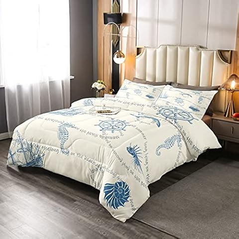 Loussiesd Nautisch Steppdecke Segelboot Gedruckt Bettdecke 200x200cm für Kinder Jungen Mädchen Kinder Seepferdchen Fisch Ruder Steppbett Ozean Marine Thema Sommer Urlaub Zimmer Dekor Cover