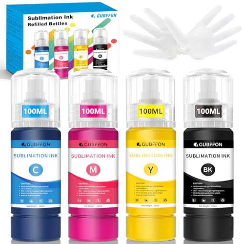 GUBFFON Sublimation Ink for Eco Tank ET2400 ET-2800 ET2720 ET2760 ET2750 ET4800 ET-2803 ET-2850 Printers Heat Press Transfer on T-Shirt Custom Mug, (4x100ml BK C M Y)