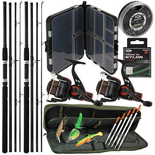 Deluxe Carp Coarse Travel Fishing Including 2x 9ft 4pc Rods & 2x 1BB Reels Set + Padded Holdall & Floats + Klone Lures with Hooks to Nylon and Split Shot