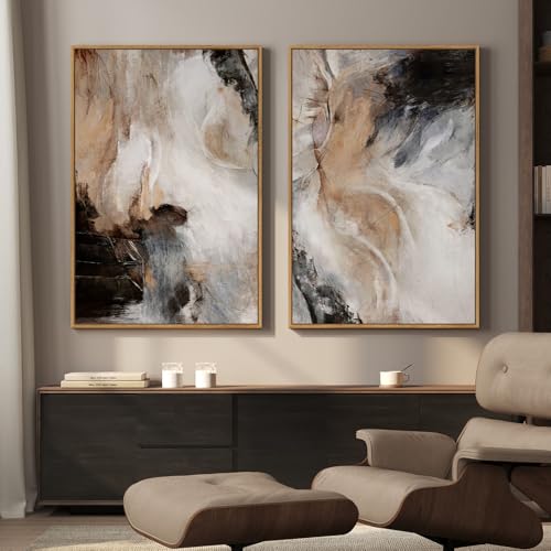 Large Framed Neutral Abstract Set of 2 Wall Art for