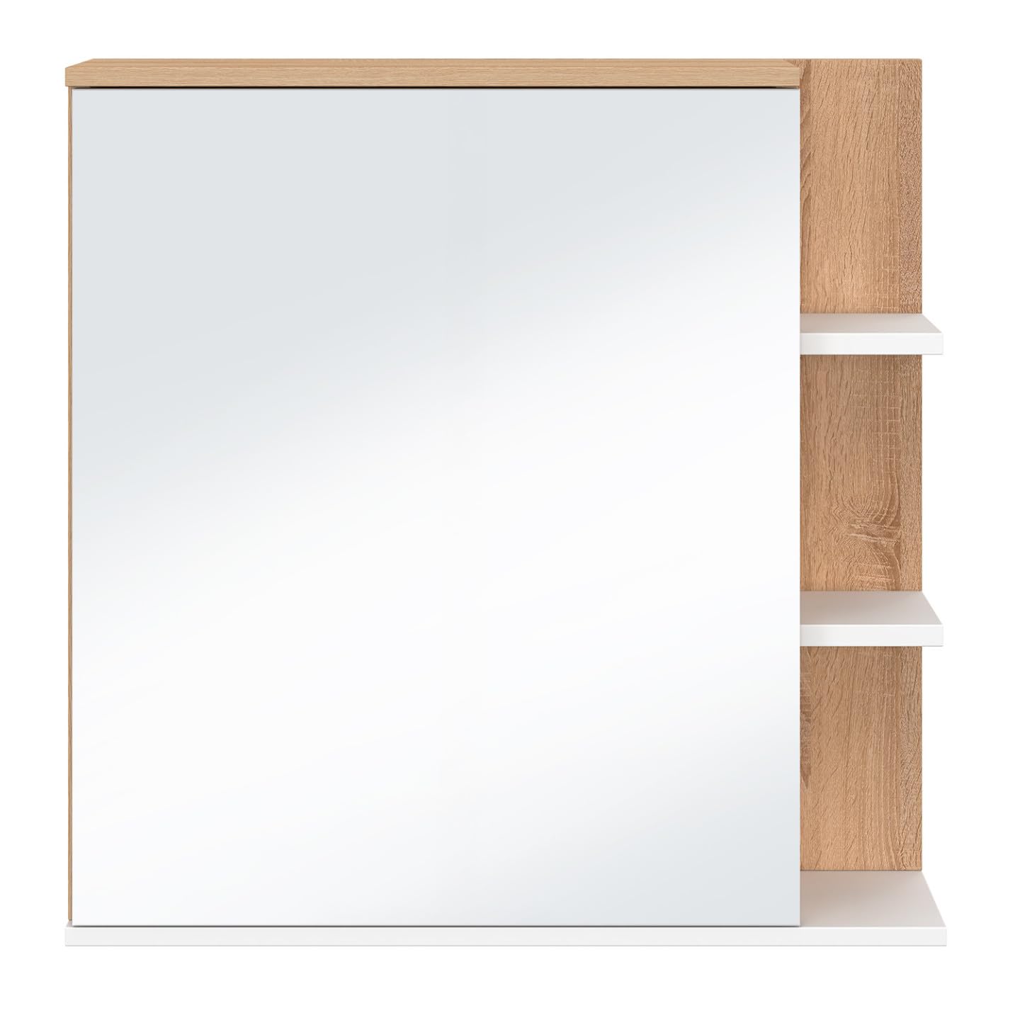 IDMarket - Meuble de Rangement Suspendu avec Miroir et étagères pour Salle de Bain TOMI façon hêtre et Blanc