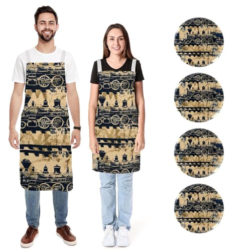 Tabliers de cuisine en lin réglables avec poches style vintage homme femme motif vapeur