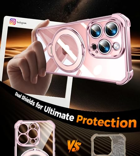 Image of Soft Case for iPhone 15 Pro with 360 Rotating Magnetic Stand, Compatible with Mag-Safe, 4X MIL-Drop Protection, Lightweight Glossy Anti-Yellowing Clear Back Phone Cover for iPhone 15 Pro 6.1 inch, Pink