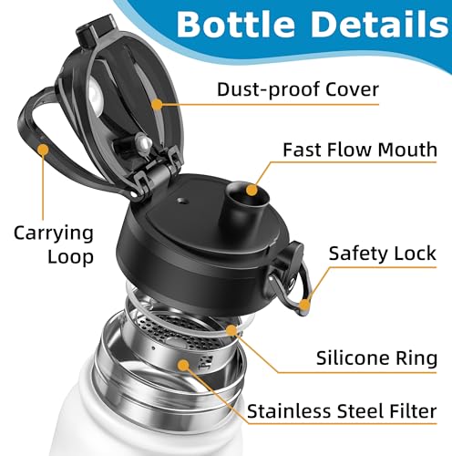 OLDLEY 600ml/20oz Stainless Steel Water Bottle Double Walled Vacuum Flask Keeps Drink Hot and Cold Leakproof BPA Free 600ML Metal Insulated Water Bottle for Sport School Work Hiking (White Black) - Image 2