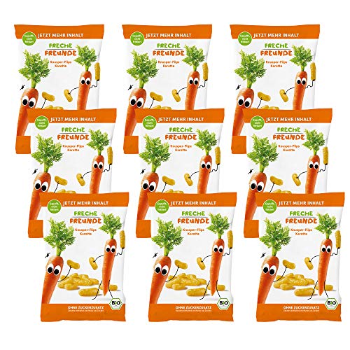 FRECHE FREUNDE Bio Fruchtchips 100% Erdbeere, gefriergetrocknet Obst Chips Erdbeere (12 x 12 g) & Neu Freche Freunde Bio Knusper-Flips Mais & Karotte, Bio Knabberzeug, ab 1 Jahr, (9x30g) 270g