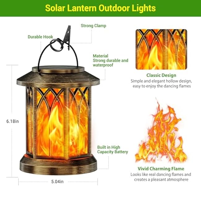 KOOPER 2 Pack Solar Lanterns Outdoor Waterproof, Upgraded Flickering Flame Solar Lantern Lights, Auto On/Off Lanterns Decorative Outdoor, Outdoor Hanging Lantern for Yard Garden Table Decor (Bronze )