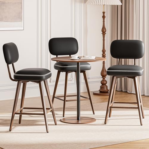 Image of MALOL 26 inch PU Leather Swivel Bar Stools Set of 3, Mid Century Counter Height Bar Chairs with Low Back and Metal Legs, Modern Bar Stool Chair for Kitchen Island, Black