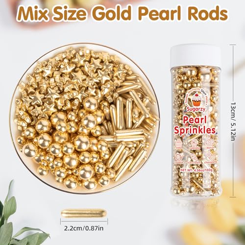 Image of Gold Pearl Sprinkles,Edible Pearl Stars Rods Sugar Candy,130g