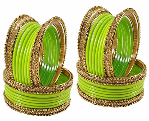 Image of NMII Glass With Zircon Gemstone Studded Worked and Ball Chain Or Plane Gloosy Finished Bangles Set For Women and Girls