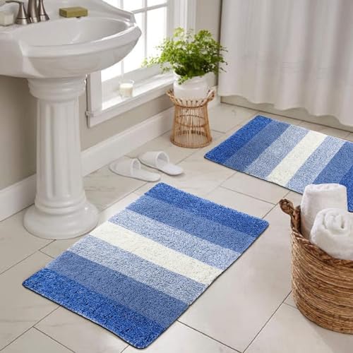 Image of THE HOME TALK Cotton Stripes Bathmats | Water Absorbent Runners | Floor Mats /Rugs for Kitchen, Bathroom | Ultra Soft Mats | Non-Slip | Pack of 2 | 40 x 60 cm | Blue