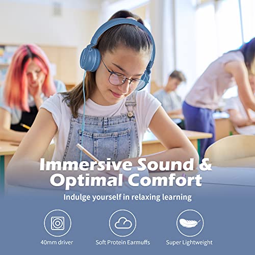 Image of AILIHEN I35 Kids Headphones for School with Mic, 93dB Safe Volume, Blue | Wired On Ear Headphones for Girls Boys, 3.5mm Foldable Lightweight for Classroom Chromebook, Laptop, Computer, Tablet