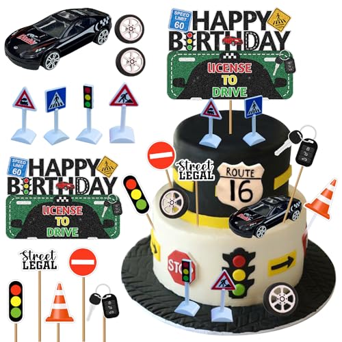 Lot de 13 décorations de gâteau d'anniversaire à paillettes permis de conduire, panneaux routiers, fournitures de fête à thème 16e, 17e et 18e anniversaire