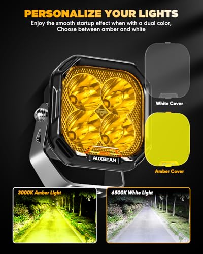 Image of Auxbeam 3 Inch LED Pod Lights, Color Play Series Offroad Driving Light with White DRL & Amber Turn Signal, 11600LM 100W Fog Spot Light, Auxiliary Ditch Lights for Truck Jeep ATV UTV with Covers