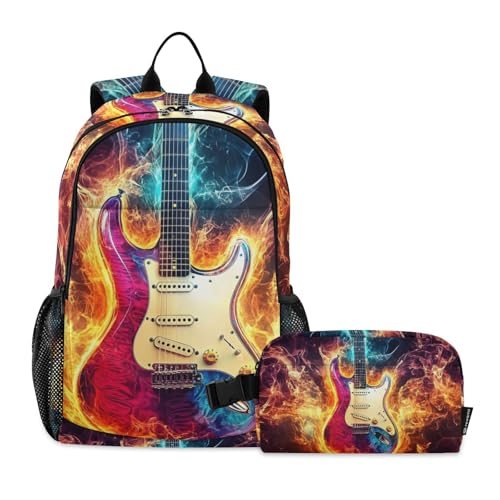 Guitar Fantasy Fire Backpack for School Boys Girls and Teens, Backpack for Men and Women, Lightweight Bookbag with Lunch Box Travel Laptop Daypack 18.5 x 11.8 In