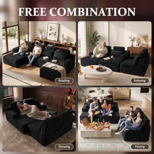 Image of Boneless Couch for Living Room, 113 inch Oversized U Shaped Modular Cloud Sofa with Deep Seat, 6 Seater Convertible Memory Foam Couches, No Assembly Plush Corduroy Sofa (Black)