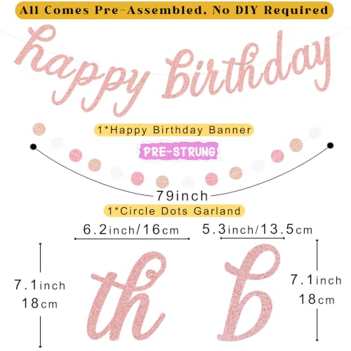Image of Rose Gold Pink Birthday Decorations for Women Girls, Pre-Strung 24pcs | Happy Birthday Banner, Honeycomb Balls, Paper Flowers, Lanterns, Streamers, Dots Garland for Happy Birthday Party Decorations