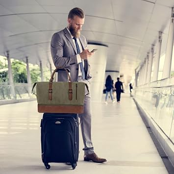 Travel Bag with Shoe Pouch,Weekender Overnight Bag Canvas PU Leather Large Carry On Bag Travel Tote Duffel Bag for Men or Women,Green