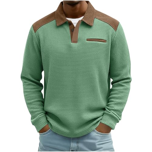 Xiaojmake Men's Waffle Polo Shirts Long Sleeve Knit Polo Sweater Color Patchwork Lightweight Fashion Casual Collared Tshirts Green