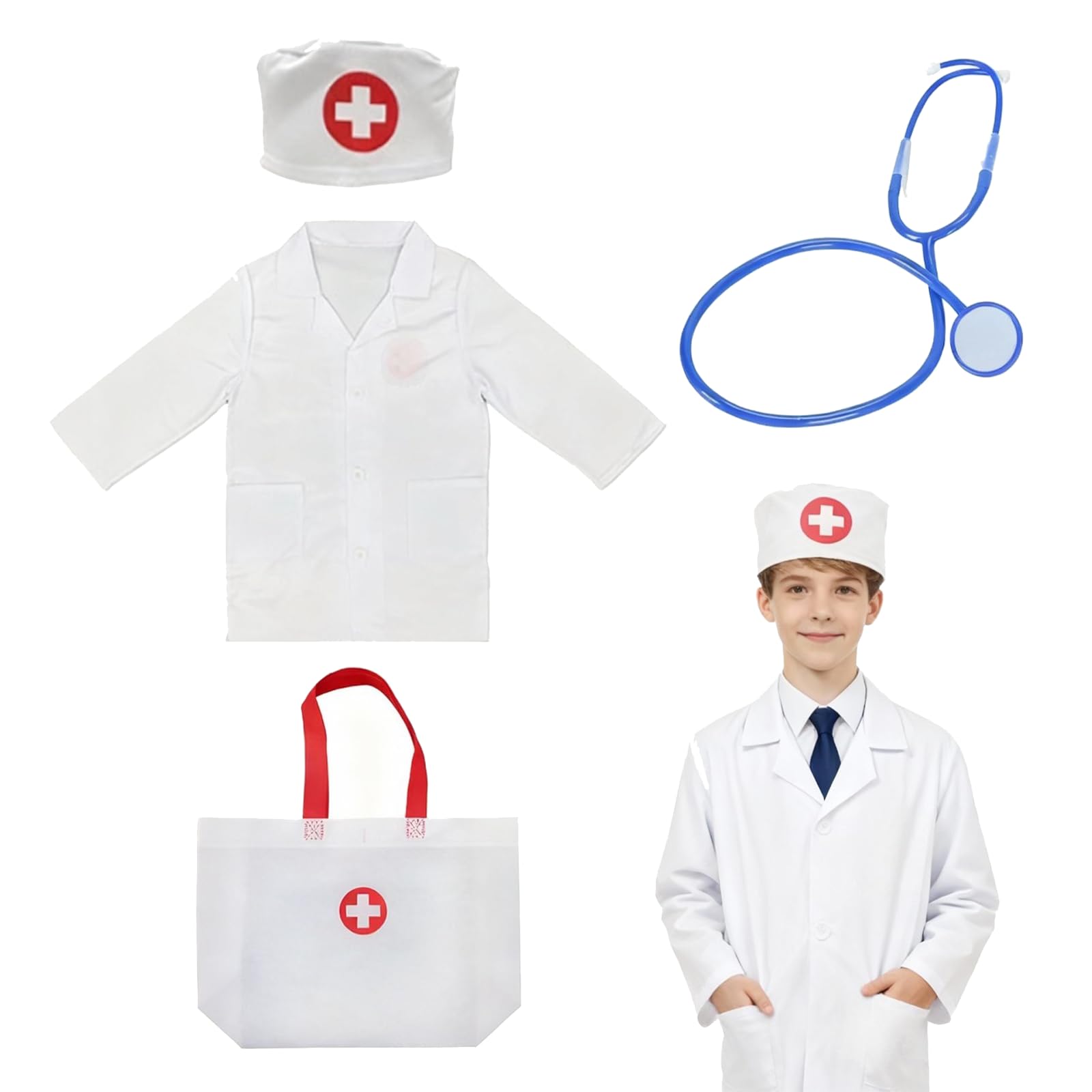 atnayo 4 Pcs Doctors Set for Kids, Doctor Costume Kit with 62cm Length Clothes Hat Handbag Stethoscop for 1.2m Childrens Role Play (White)