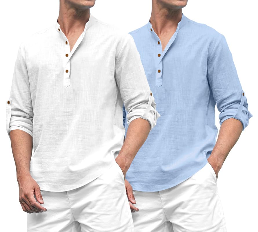Image of ROYALSCOUT Combo of Men's Solid Cotton Blend Full Sleeve Straight Kurta Shirt (Pack of 2)