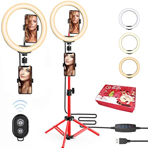 Gift idea 10'' Selfie Ring Light with Red Tripod Stand & Phone Holder for Live Stream/Makeup - Upgraded Dimmable Camera Ring Light for TikTok/YouTube/Makeup/Photography