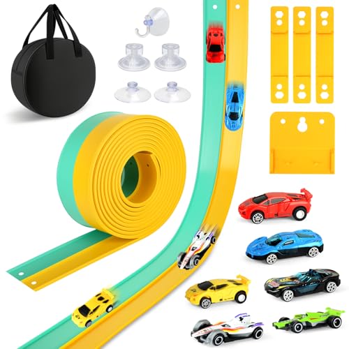 Pista de carros flexível, portátil 5 m pista de corridas com 6 carros ramos duplas ventosas e saco de armazenamento acessórios de rolo faixas de corrida presente para meninos e meninas
