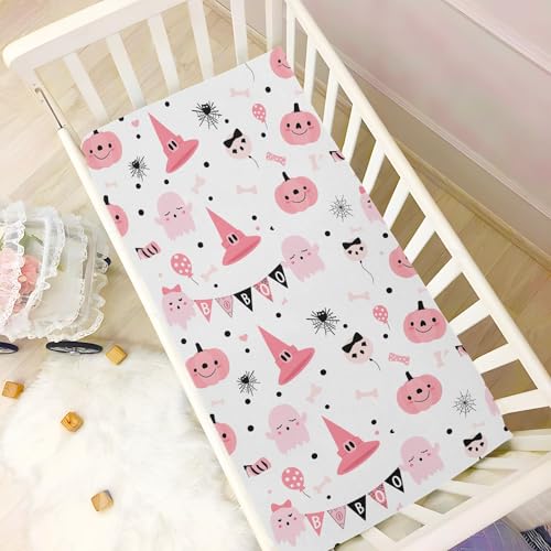 Image of Pfrewn Cute Halloween Crib Sheets for Girls Cute Pink Ghosts Pumpkin Fitted Crib Sheet for Mini Crib Mattress Stretch Soft Toddler Baby Playard Sheet, 39x27x5IN