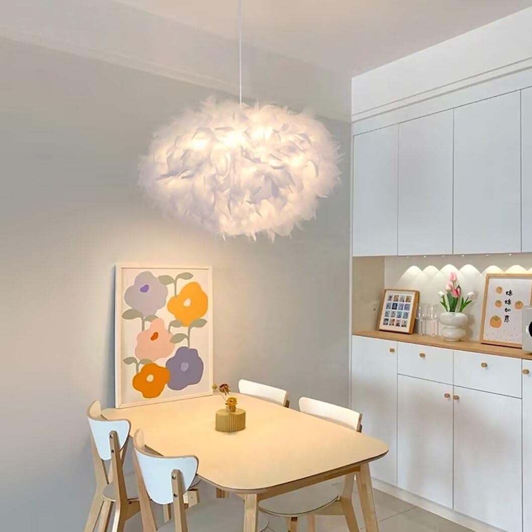 45 cm/17,8" Ellipsoïde Plume Blanche Suspension Abat-Jour en Plumes Plafonnier Lustre en Plumes pour Salon, Chambre à Coucher, Salle à Manger
