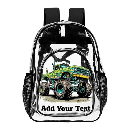 MoBlinko Personalized Clear Backpack Heavy Duty PVC Gree Monster Truck Custom Name Large Transparent Backpack Bag DIY School Backpack