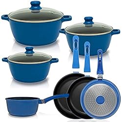 Cazuelas Bidasoa Callaway Indigo Batería Cocina Inducción 7 Piezas Aluminio Fundido Antiadherente, Set Cazuelas Tapas Cristal, Sartenes, Cazo, Gran Espesor, Vitrocerámica, Gas