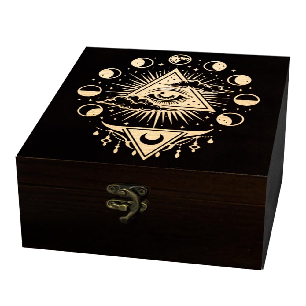 arricraft 1 Pc Wooden Keepsake Storage Box, Moon Phases Mystical Eyes Moon Pennants Pattern Rectangle Souvenir Box for Anniversary Jewelry Picture Letter Storage (4.72x4.72x2.36 inches)