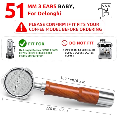 Image of 51mm Espresso Bottomless Portafilter 3 Ears Fit for Delonghi EC680, EC685 & EC885 Espresso Machine, 100% Stainless Steel Bottomless Portafilter, with Puck Screen & Filter Baske,Walnut Handle