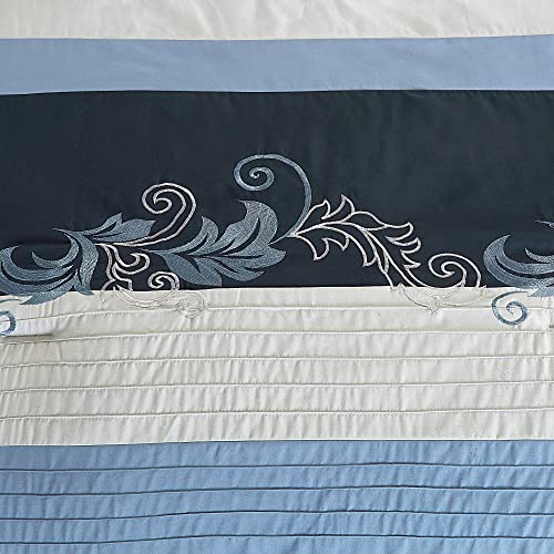 Chezmoi Collection Napa 7-Piece Luxury Autumn Leaves Scroll Embroidery Bedding Comforter Set (California King, Navy/Blue/Gray)