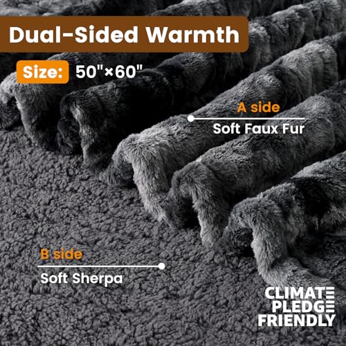 Image of Bearhug Heated Throw Blanket 50 inch x 60 inch Electric Throw Warming Blanket Reversible Faux Fur & Sherpa, 6 Heating Levels & 4H Auto Off, Over-Heat Protect, ETL, Washable Heated Blanket Marble Black