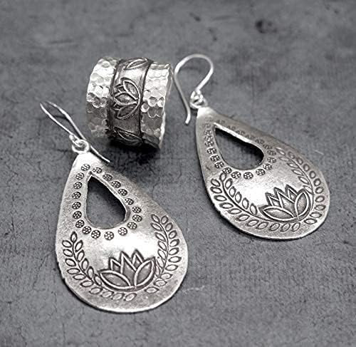 Sterling Silver Large Lotus Flower Earrings, Handmade Oval Drop shape Floral Boho Hippie Statement Dangle earrings, Gift for Her - Image 6
