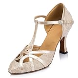 Honeystore Women's Closed Toe T-Strap Latin Dance Shoes Mid-Heel Bling Gliter Party Shoes Champagne...