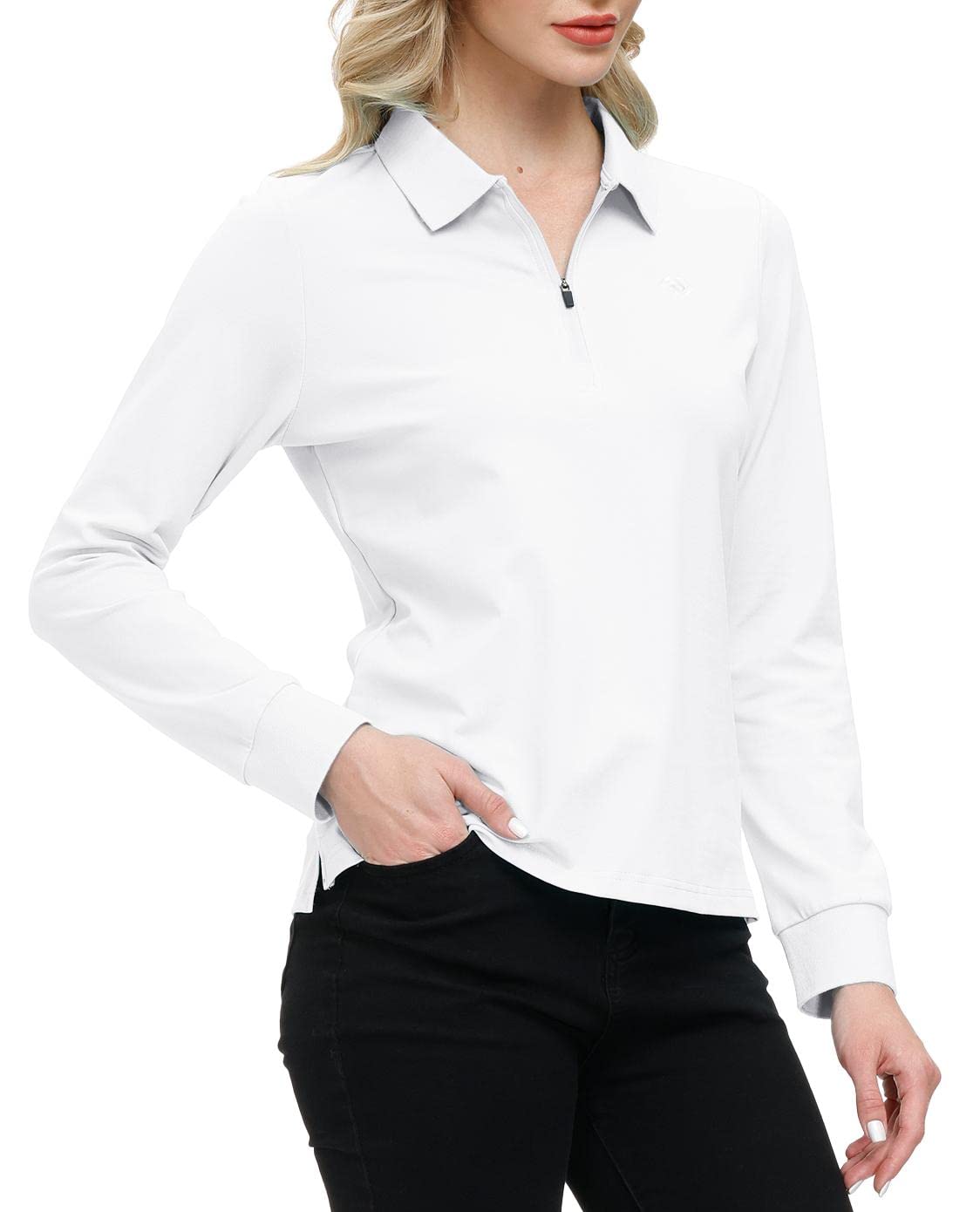 Mujer Polo de Manga Larga Algodón Camiseta de Golf Trabajo con Cremallera