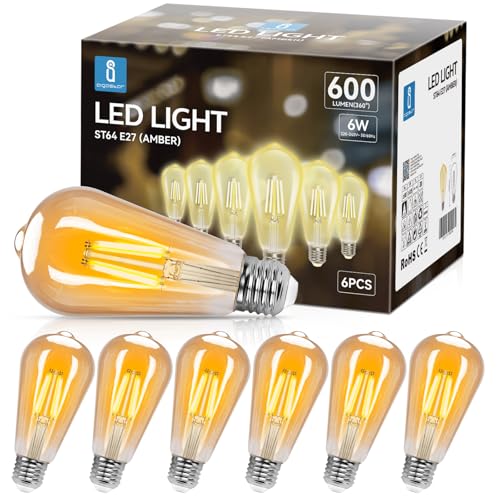 Aigostar Ampoules Edison Vintage E27 6W,600 Lumens,Blanc Chaud 2200K,Lampe Décorative ST64,Idéal pour la Maison, Bars, Café, Restaurant,Non Dimmable,Lot de 6