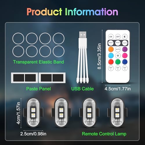 Mineup 4 Stück Kabellose Led Lichter, 8 Farbiges Strobe Drone Light, Fernbedienung Blitzlicht mit Fernbedienung, USB-Aufladung Antikollisionslichter,LED Flugzeug Blitzlicht für Drohne Motorrad