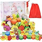Montessori Spielzeug ab 2 Jahre, 42 Stück Holzperlen zum Auffädeln, Pädagogisches Holzspielzeug - Tiere, Obst, Gemüse - 1-4 Jährige Kinder Motorikspielzeug, Fädelspiel Geschenk zu Ostern, Geburtstag
