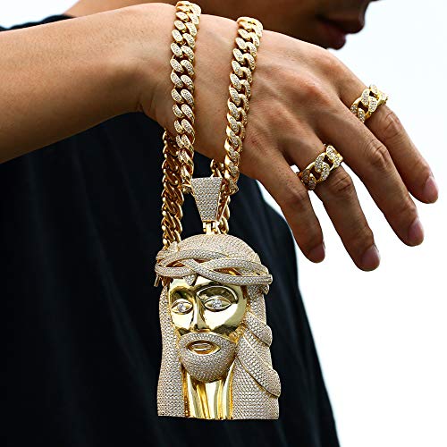 TUHE Oversize 3D Hip Hop Religious Jesus Head Pendant Necklace 18K Gold Plated AAA CZ Iced Out Chain Necklace for Men Women, Bling Bling Jewelry Charm Necklace with 24in Big Size Iced Out Cuban Chain…3