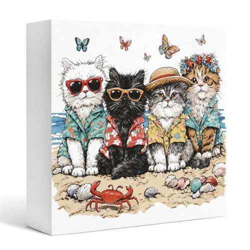 Summer Cat Wood Box Sign, Cute Beach Cat Art Decor
