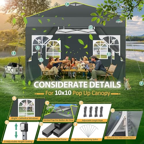 COBIZI 10x10 Pop up Canopy Tent with Sidewalls One Person Setup, Easy Outdoor Commercial Event Gazebo Shelter Enclosed Waterproof with Air Vent, 4 Sandbags for Garden,Party,Grey by COBIZI - Image 4