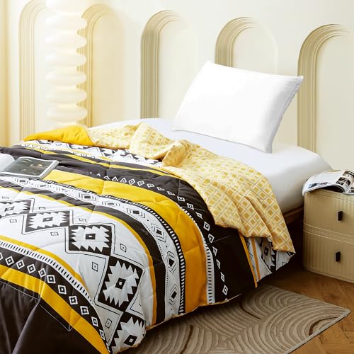 Image of Ac Comforter Single Bed Boho with Satin Finish 240 GSM - Reversible AC Comforter -Black & Yellow, Aztec Comforter Quilt Duvet Dohar Blanket for Mild Summer 150 X 225 cm