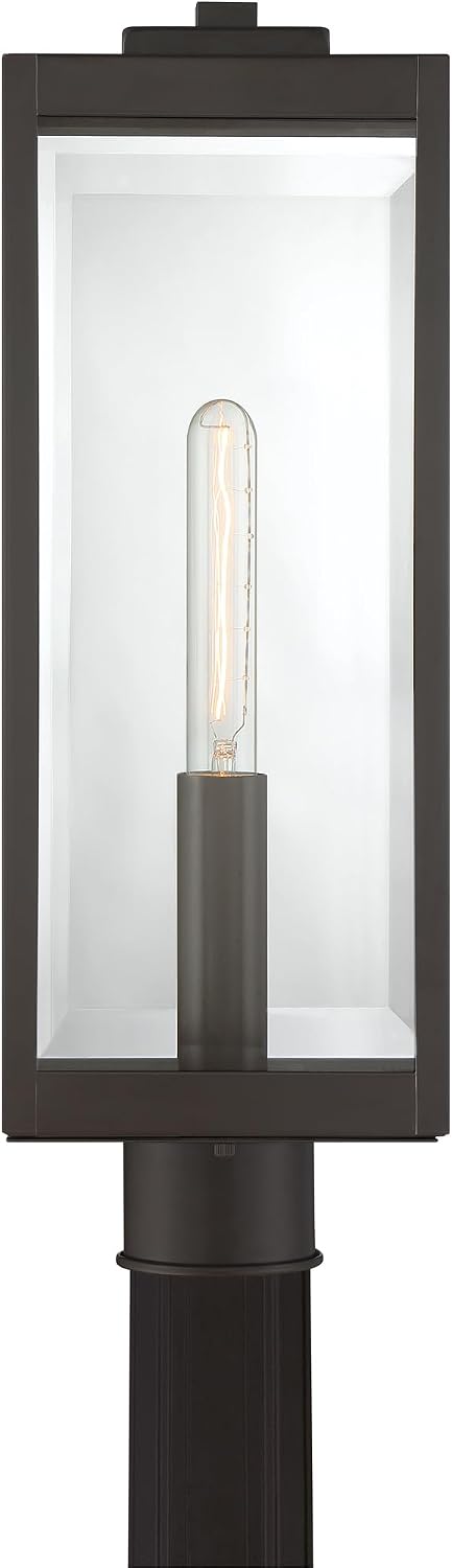 Quoizel Westover Outdoor Post Lantern, 21.25 Inch 1-Light Western Bronze Modern Lamp Post, Clear Beveled Glass, Outside Pole Light for Patio, Porch, Fences, Garden, Pool or Driveway