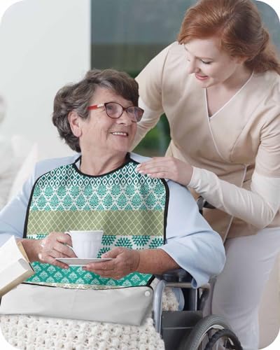 Boho Turquoise Floral Adult Bib for Eating with Crumb Catcher,Washable Waterproof Terry Cloth Adjustable Elderly Women Men Adult Bibs Apron Clothing Protector Modern Geometric Oriental Tribal Mandala