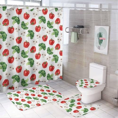 GemGam 4PCS Shower Curtain Sets Red Pepper Broccoli Mushroom Bathroom